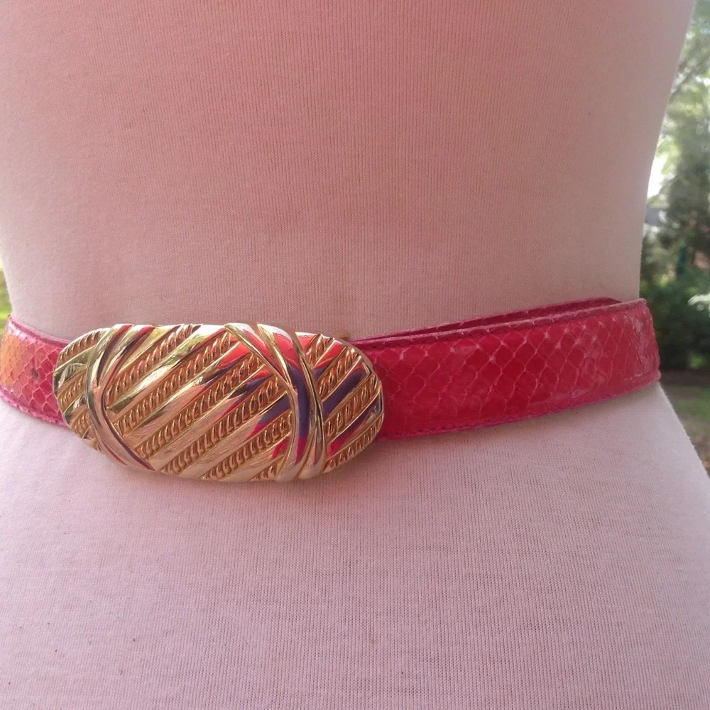 Vintage Pink Snakeskin Leather Belt  Oval Buckle